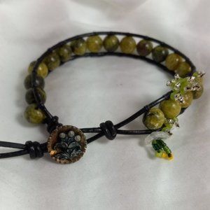 Woven Bracelet on Vintage Green Jasper with Green Flowers, Antique Button